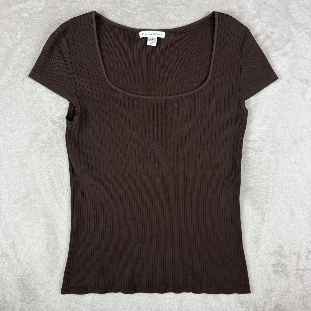 Preston & York Knit Top Women L Brown Ribbed Square Neck 90s Minimalist Office
